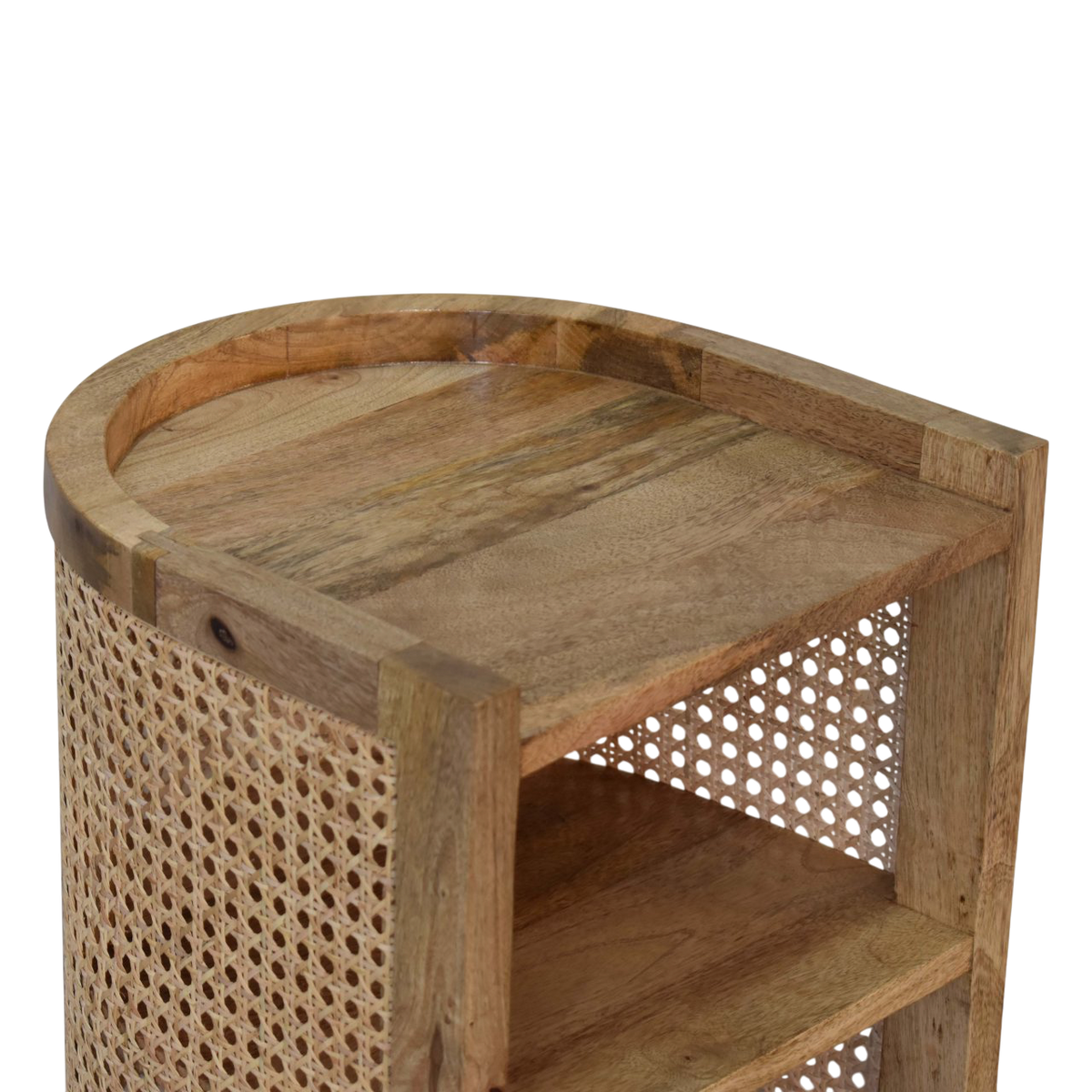 Close view of the top on the Comporta Mini Open Bedside Table in Amber with Natural Rattan.