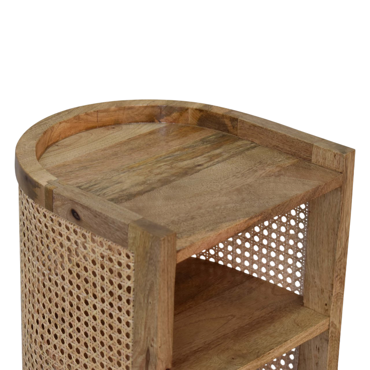 Close view of the top on the Comporta Mini Open Bedside Table in Amber with Natural Rattan.