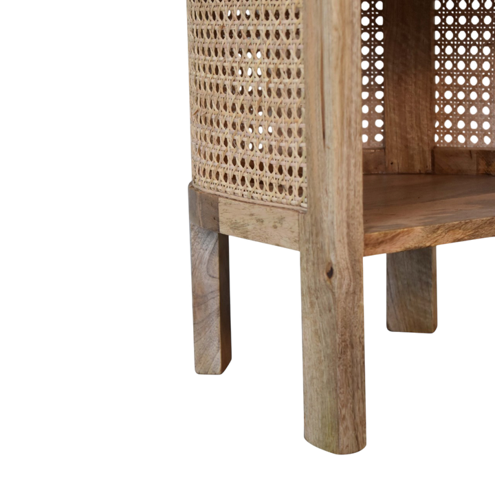 Close view of the woven panels on the Comporta Mini Open Bedside Table in Amber with Natural Rattan.