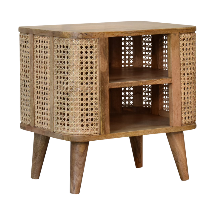 Comporta Open Bedside Table in Amber with Natural Rattan, three-quarter view showing the full profile.