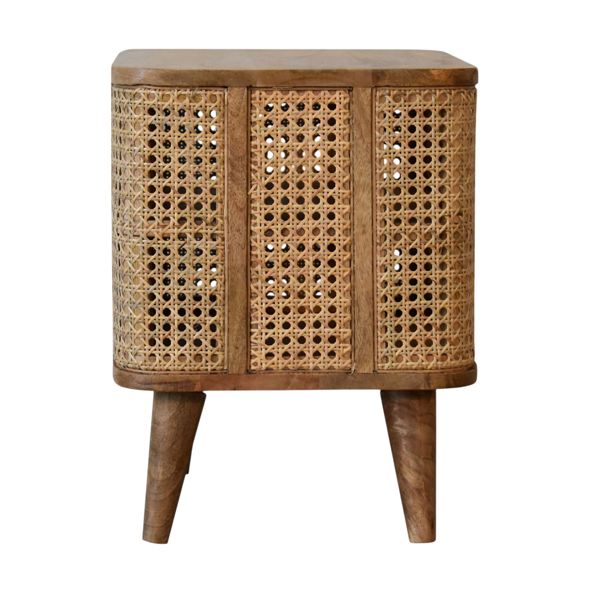 Comporta Open Bedside Table in Amber with Natural Rattan, side view showing the depth.