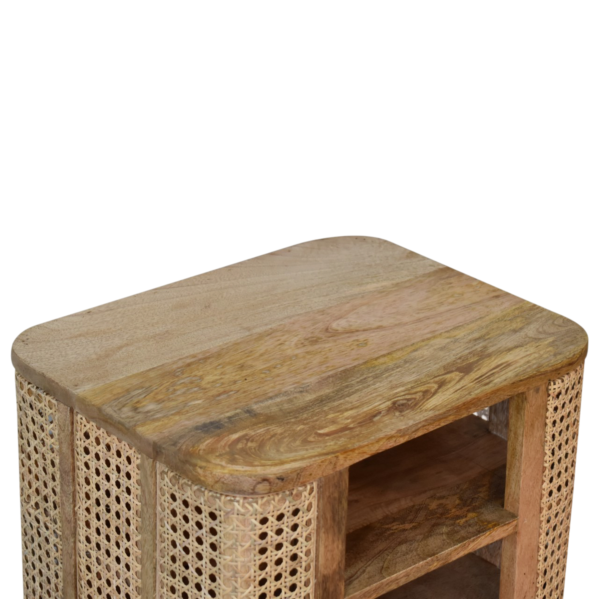Close view of the top on the Comporta Open Bedside Table in Amber with Natural Rattan.