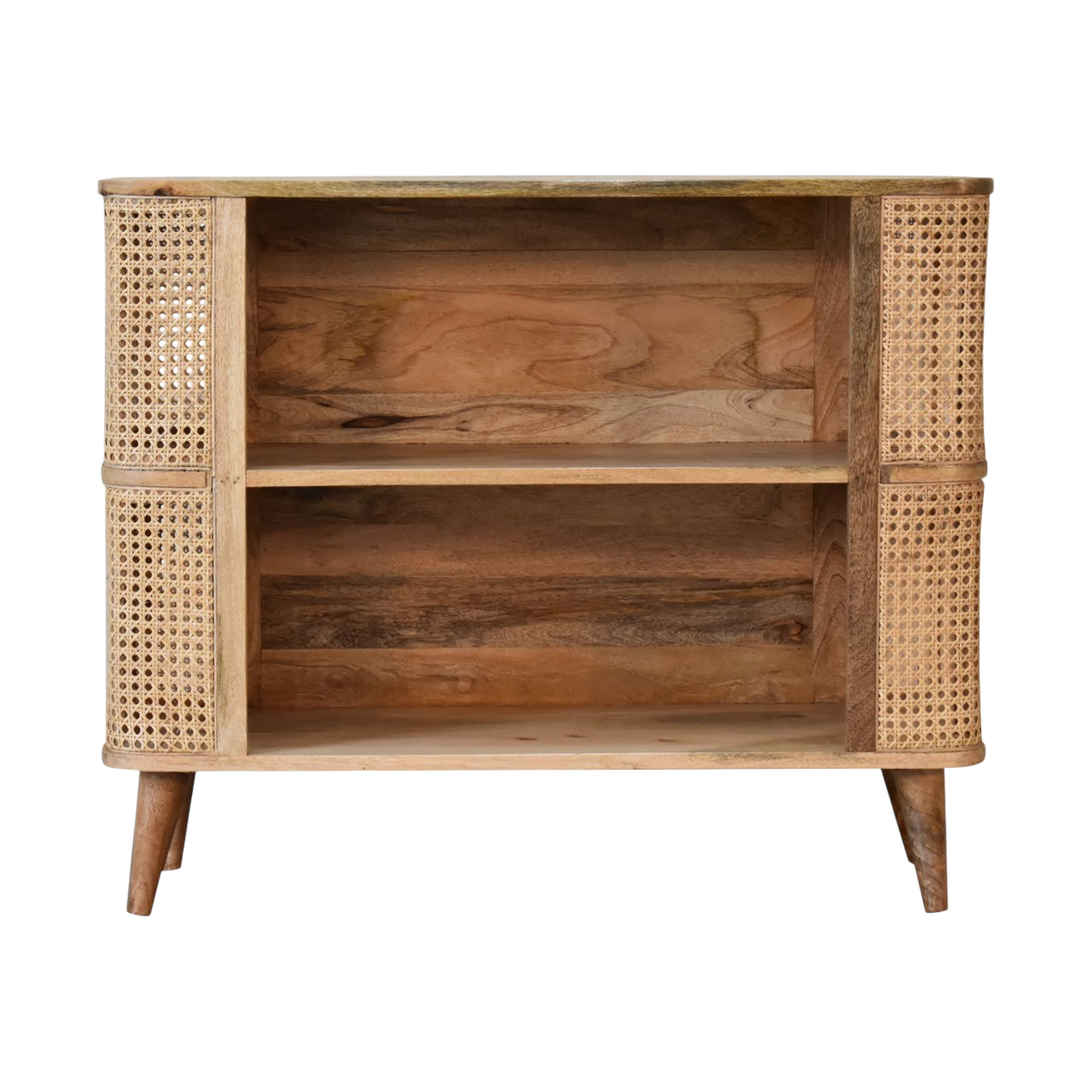 Comporta Open Cabinet in Amber with Natural Rattan, front view. 100% solid hardwood in a warm amber finish, woven rattan side panels, two open shelves, tapered legs.