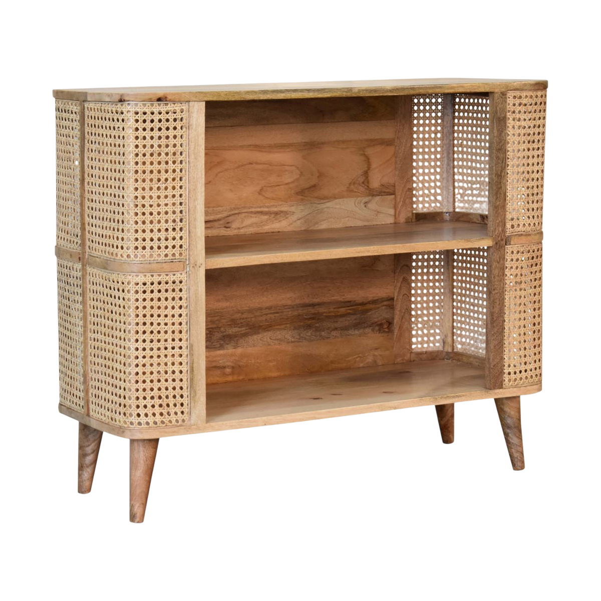 Comporta Open Cabinet in Amber with Natural Rattan, three-quarter view showing the full profile.