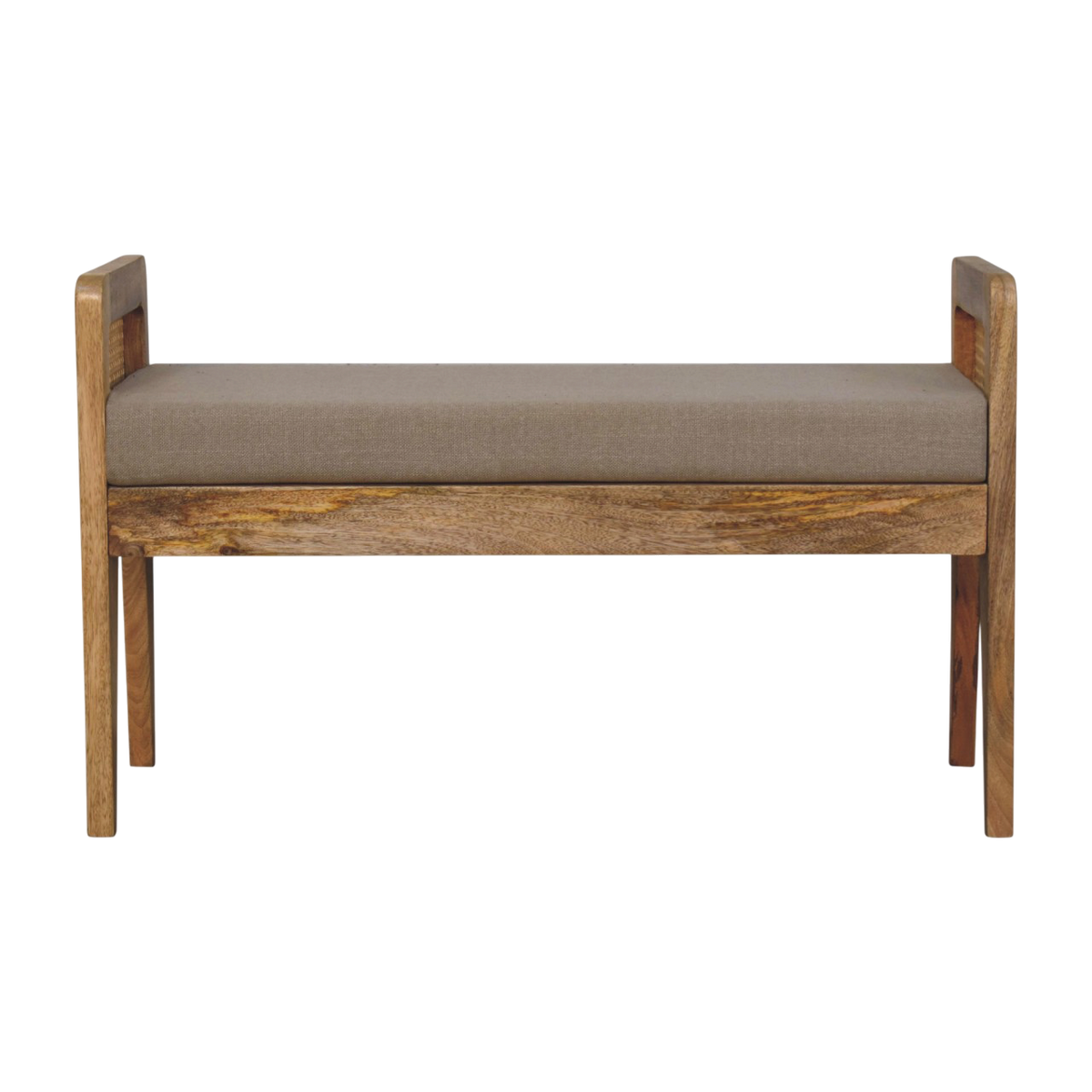 Comporta Rattan-Sided Bench in Clay Linen with Natural Rattan, front view. 100% solid hardwood in a warm amber finish, woven rattan side panels, clay linen cushioned seat.