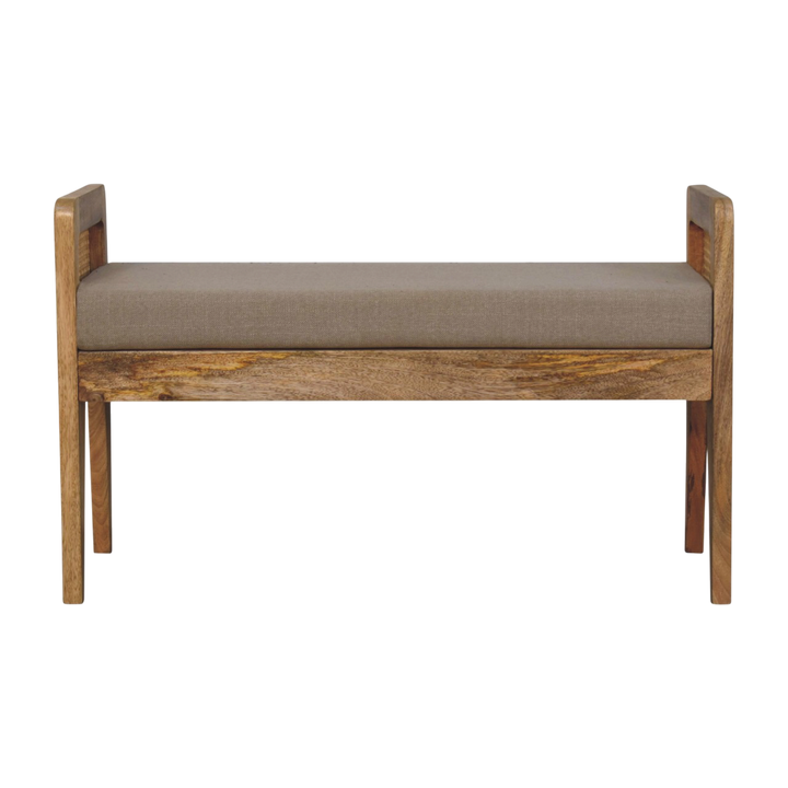 Comporta Rattan-Sided Bench in Clay Linen with Natural Rattan, front view. 100% solid hardwood in a warm amber finish, woven rattan side panels, clay linen cushioned seat.