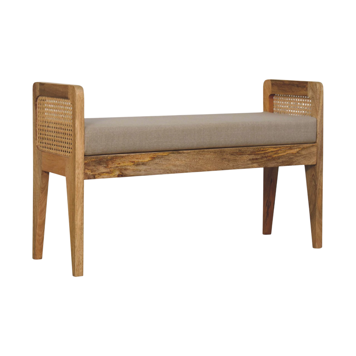 Comporta Rattan-Sided Bench in Clay Linen with Natural Rattan, three-quarter view showing the full profile.