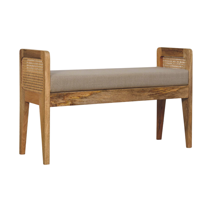 Comporta Rattan-Sided Bench in Clay Linen with Natural Rattan, three-quarter view showing the full profile.