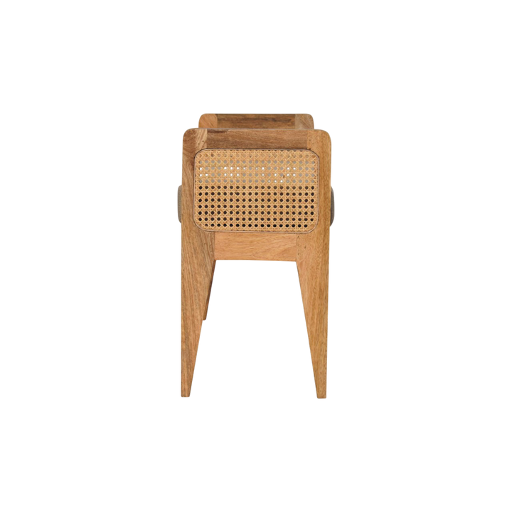 Comporta Rattan-Sided Bench in Clay Linen with Natural Rattan, side view showing the depth.