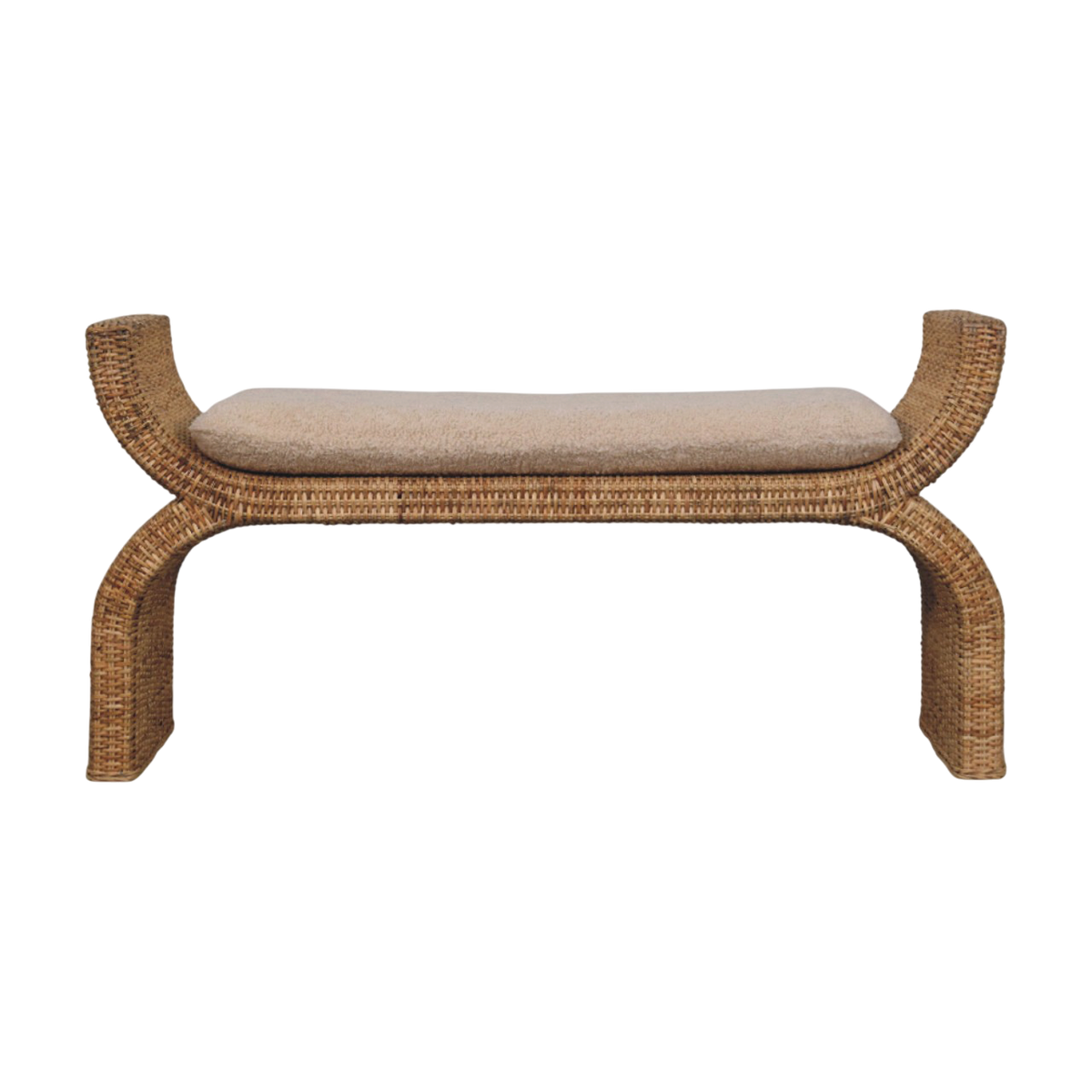 Comporta Rattan Weave Bench in Cream Bouclé with Natural Rattan, front view. 100% solid hardwood in a warm amber finish, woven rattan body, cream bouclé cushioned seat.
