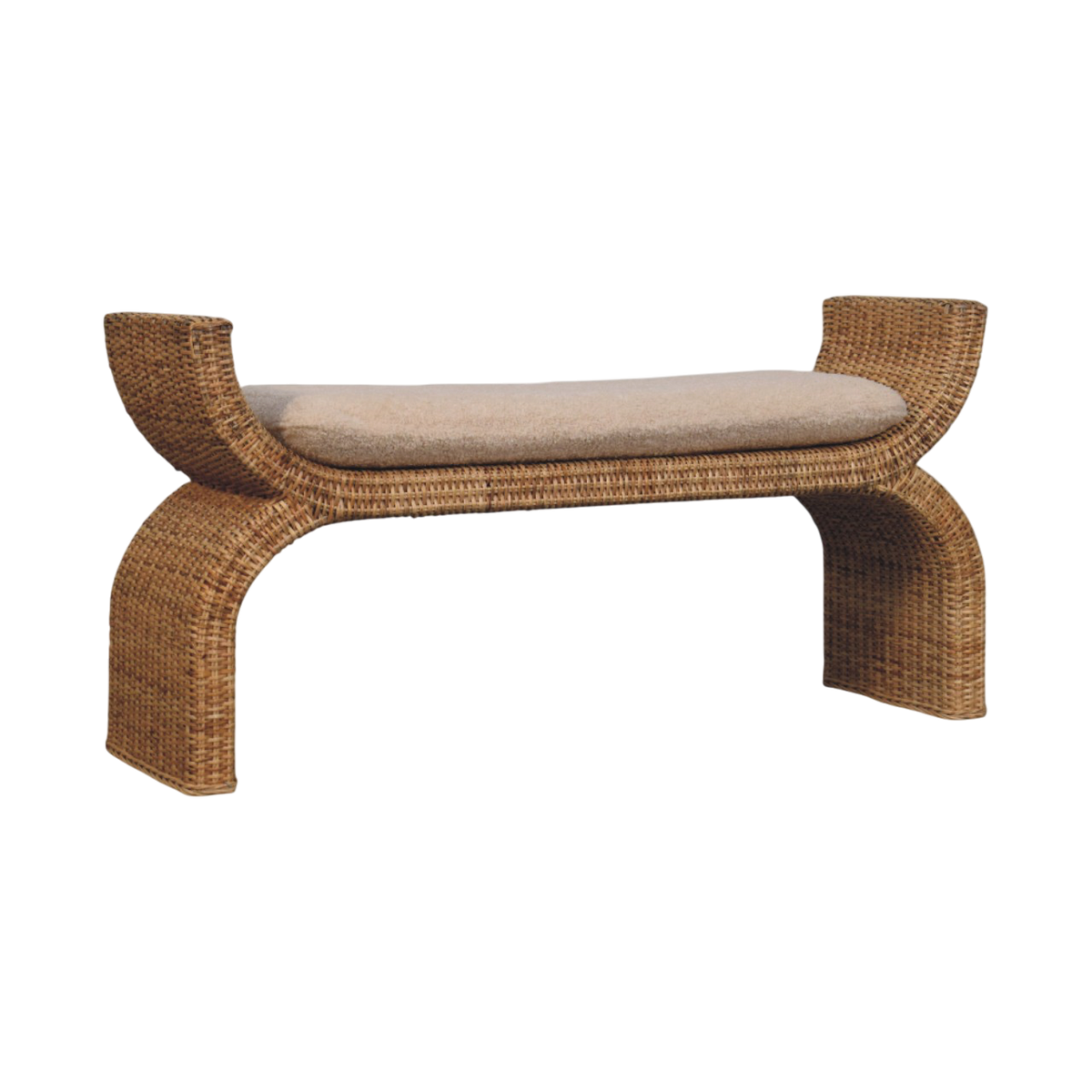 Comporta Rattan Weave Bench in Cream Bouclé with Natural Rattan, three-quarter view showing the full profile.