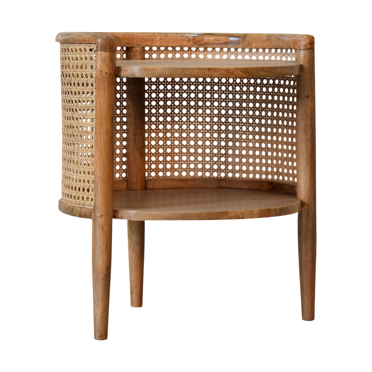 Comporta Round Bedside Table in Amber with Natural Rattan, three-quarter view showing the full profile.