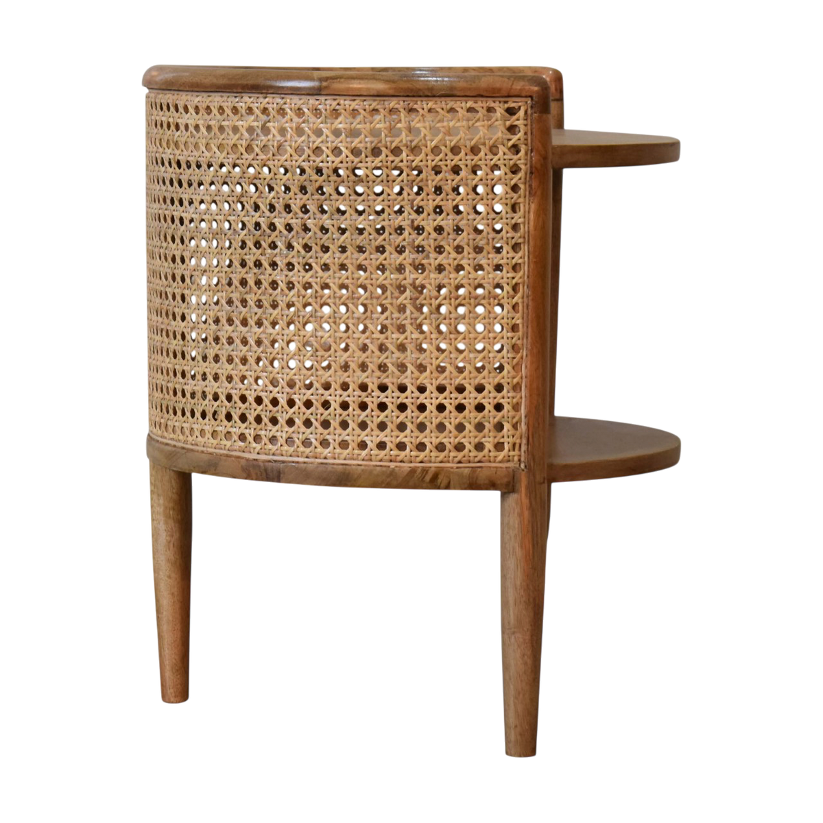 Comporta Round Bedside Table in Amber with Natural Rattan, side view showing the depth.