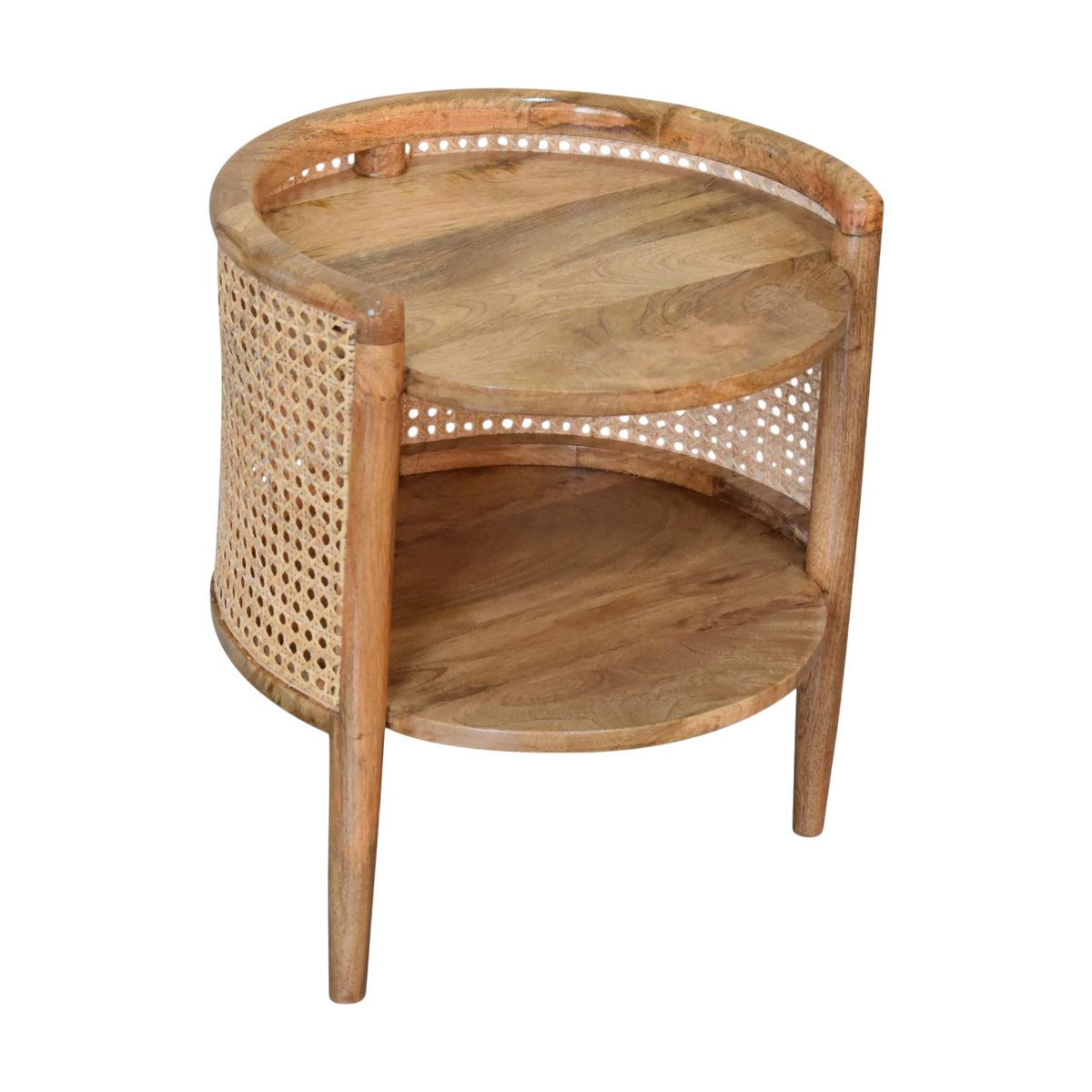 Close view of the top on the Comporta Round Bedside Table in Amber with Natural Rattan.