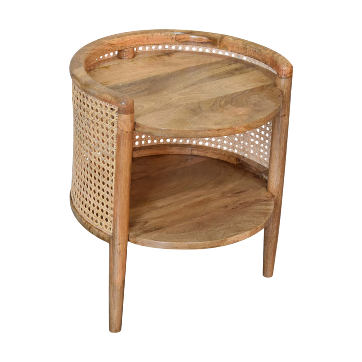 Close view of the top on the Comporta Round Bedside Table in Amber with Natural Rattan.