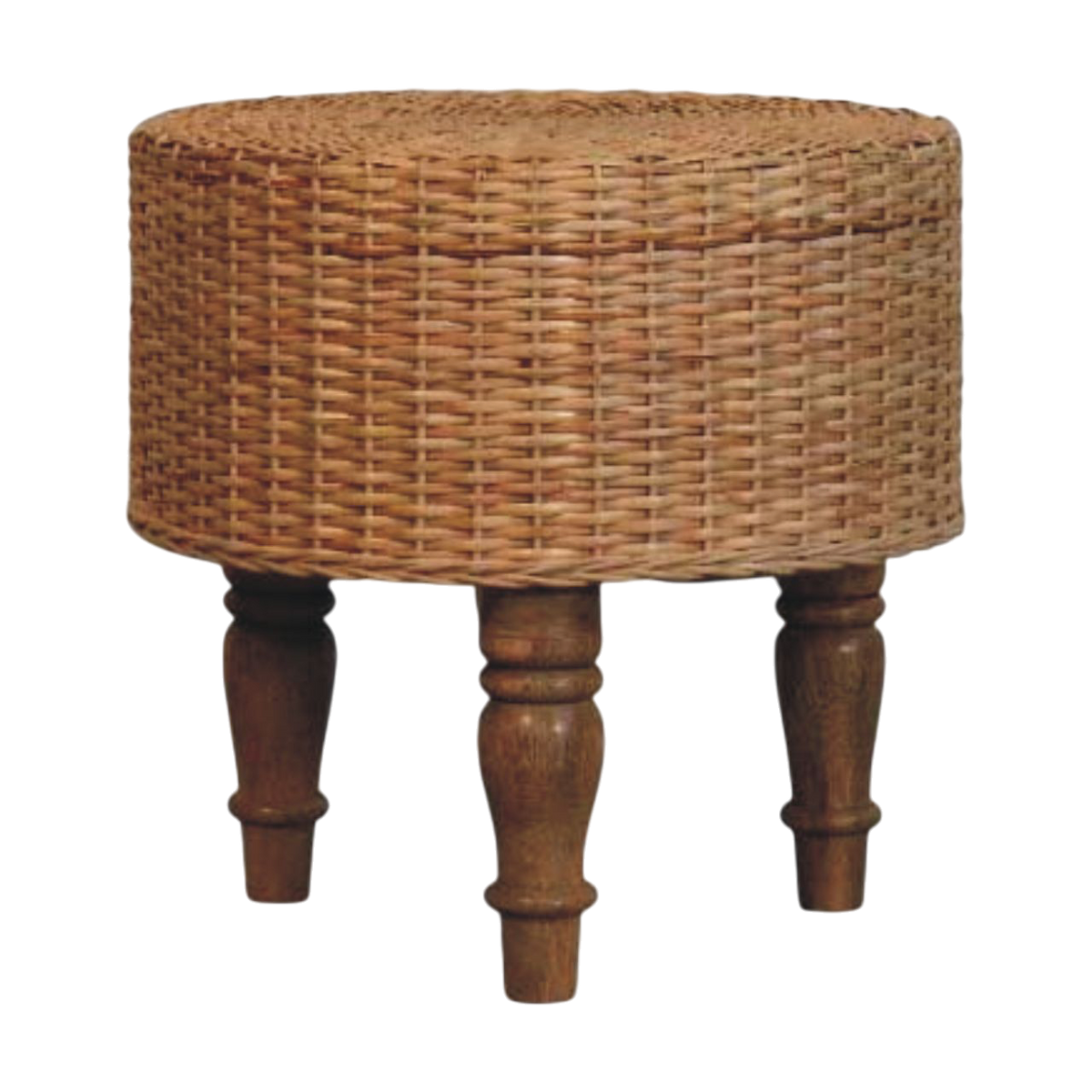 Comporta Round Woven Stool in Amber, front view. Handwoven natural fibre seat on solid turned hardwood legs in a pale amber finish.