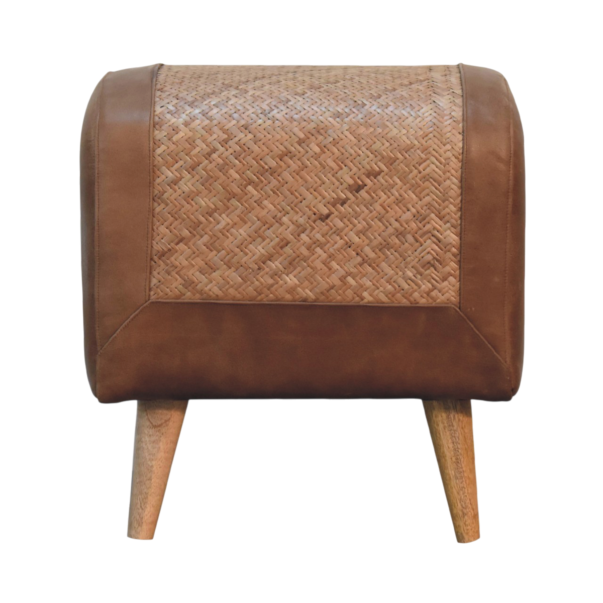Comporta Square Footstool in Natural Seagrass with Tobacco Leather, front view. Woven seagrass centre with a tobacco leather rim, four 100% solid hardwood legs in a pale amber finish.