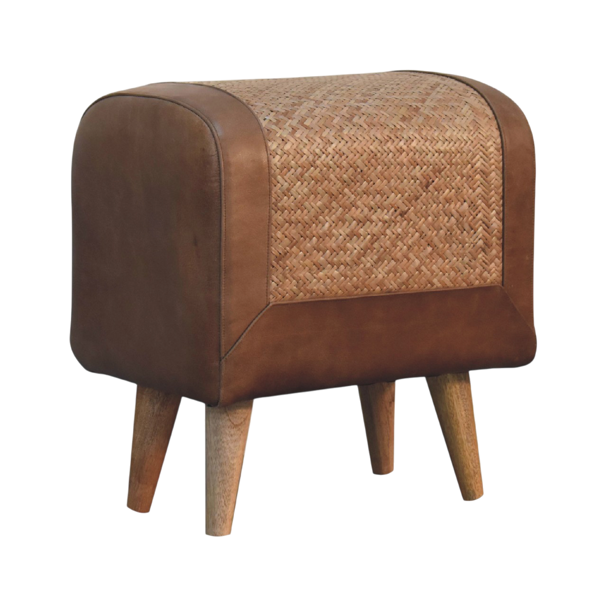 Comporta Square Footstool in Natural Seagrass with Tobacco Leather, three-quarter view showing the full profile.