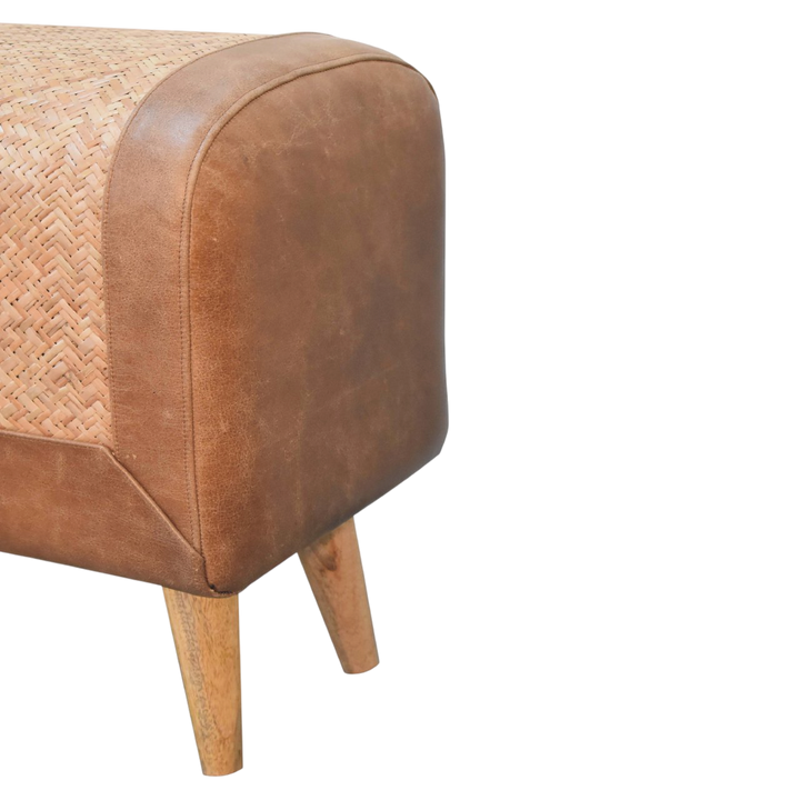 Comporta Square Footstool in Natural Seagrass with Tobacco Leather, side view showing the depth.