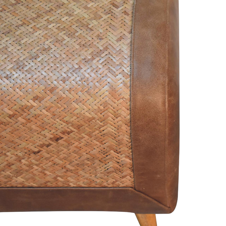 Close view of the weave on the Comporta Square Footstool in Natural Seagrass with Tobacco Leather.