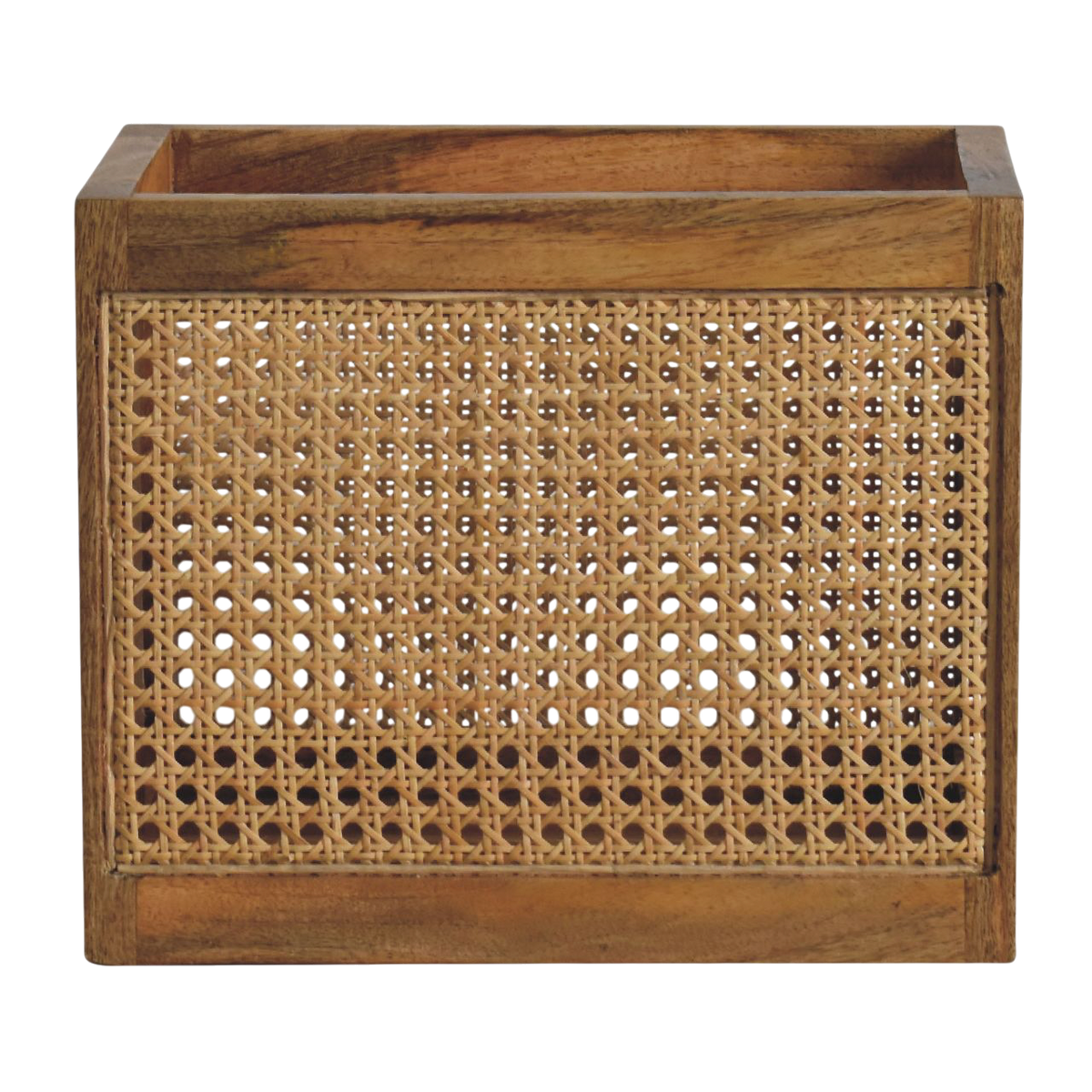 Comporta Storage Basket in Amber with Natural Rattan, front view. 100% solid hardwood in a warm amber finish, woven rattan front panel.
