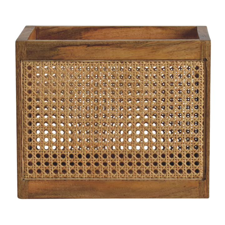 Comporta Storage Basket in Amber with Natural Rattan, front view. 100% solid hardwood in a warm amber finish, woven rattan front panel.