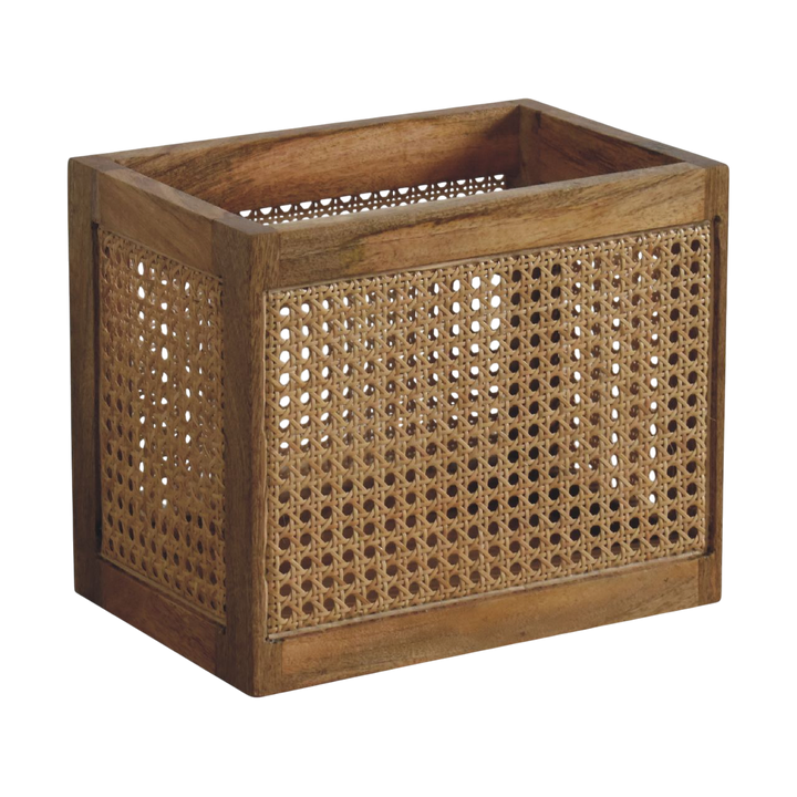 Comporta Storage Basket in Amber with Natural Rattan, three-quarter view showing the full profile.