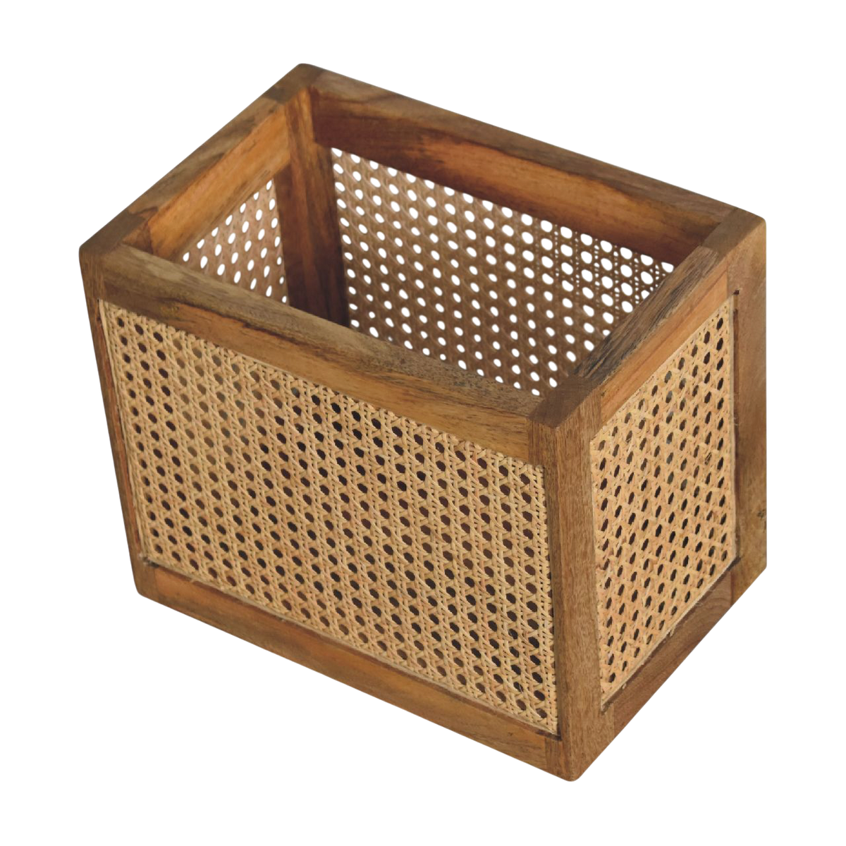 Close view of the interior on the Comporta Storage Basket in Amber with Natural Rattan.