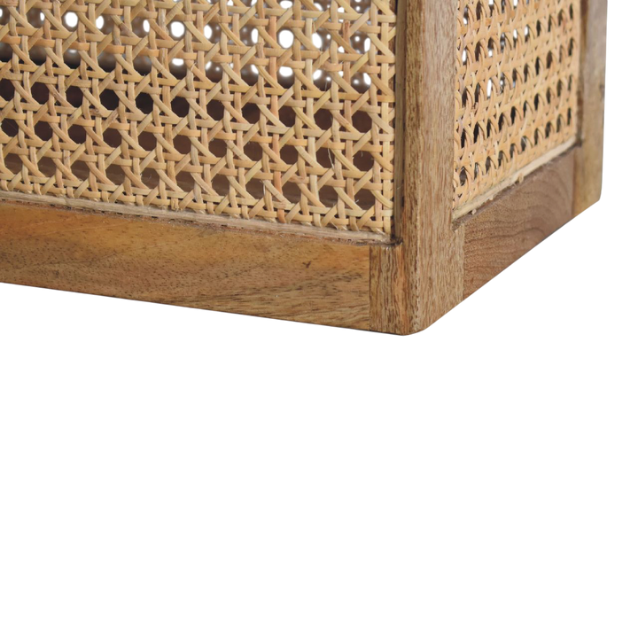 Close view of the woven panels on the Comporta Storage Basket in Amber with Natural Rattan.