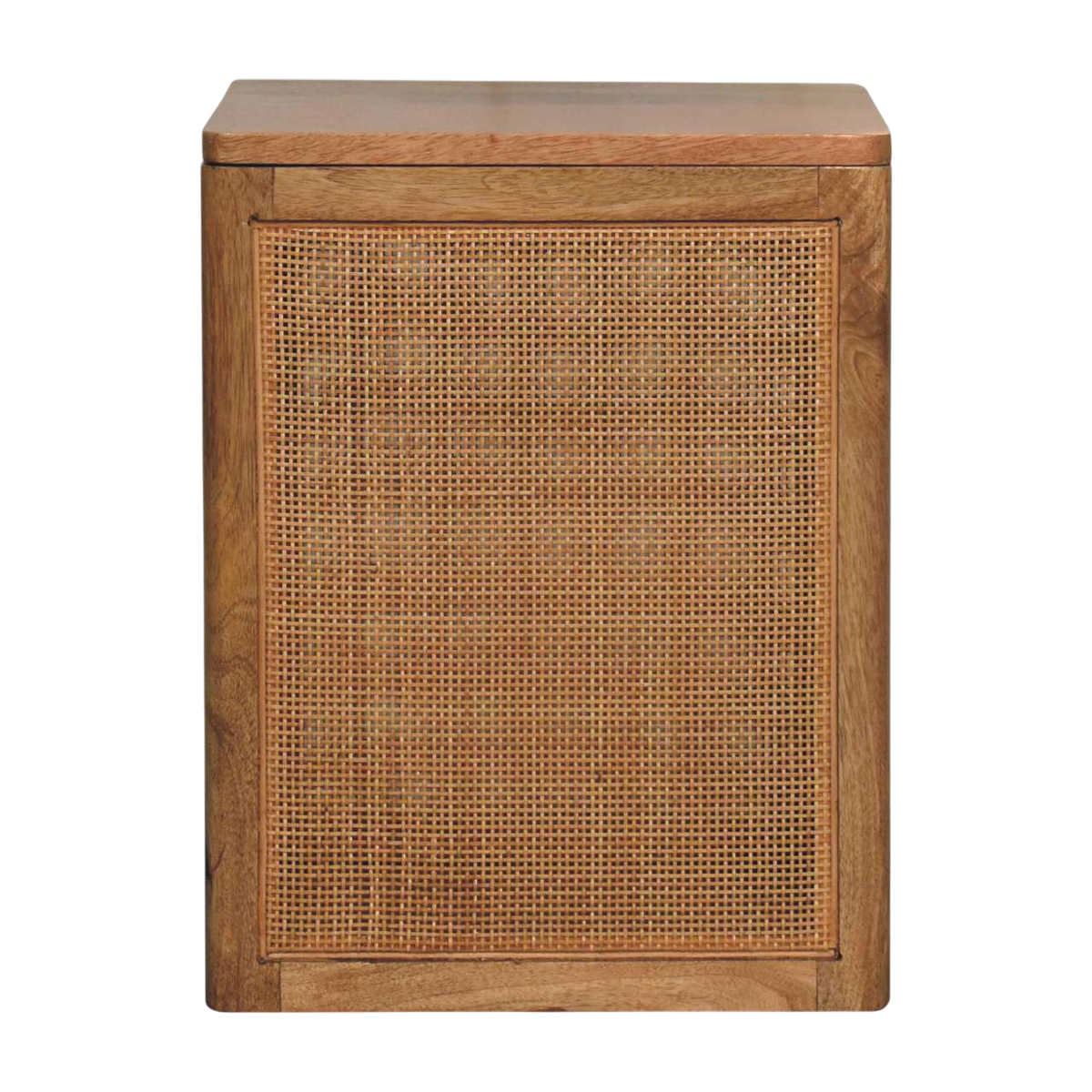 Comporta Storage Box in Amber with Natural Rattan, front view. 100% solid hardwood in a warm amber finish, woven rattan front panel, lift-off lid, interior storage.