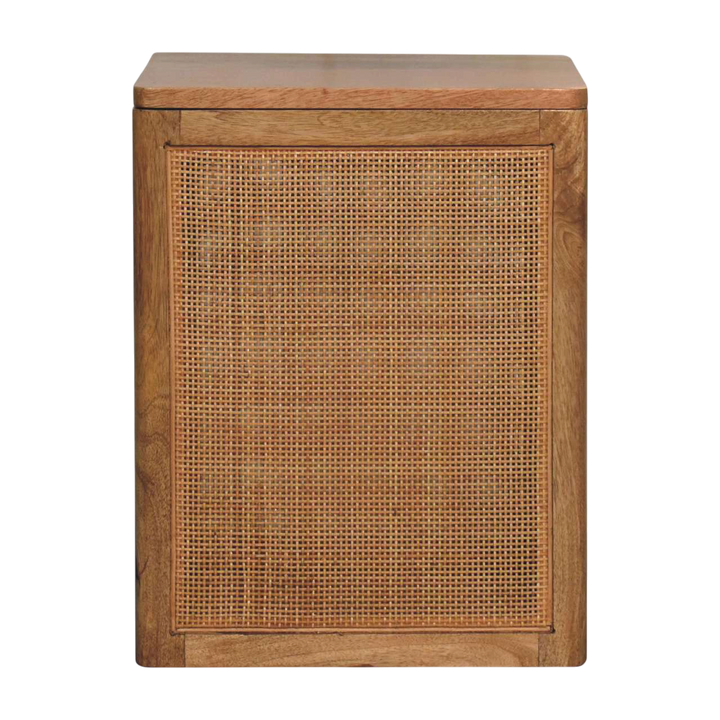 Comporta Storage Box in Amber with Natural Rattan, front view. 100% solid hardwood in a warm amber finish, woven rattan front panel, lift-off lid, interior storage.