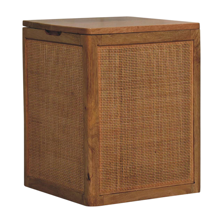 Comporta Storage Box in Amber with Natural Rattan, three-quarter view showing the full profile.