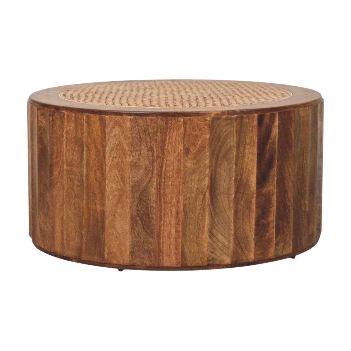 Comporta Woven Coffee Table in Amber with Natural Rattan, front view. Solid hardwood base in an amber finish, round silhouette, finely woven inset top.
