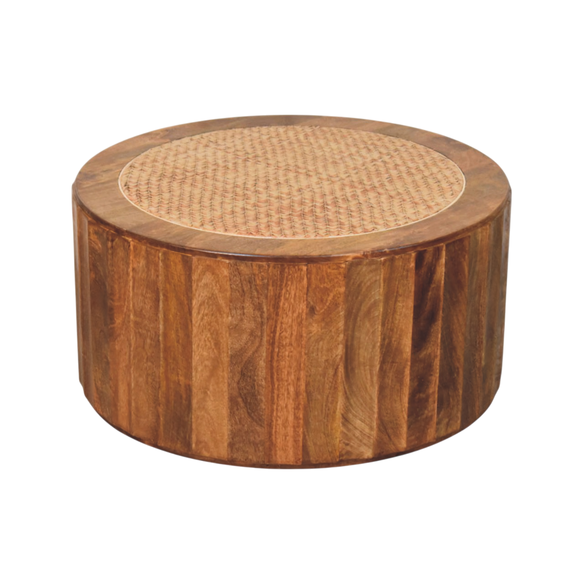 Comporta Woven Coffee Table in Amber with Natural Rattan, three-quarter view showing the full profile.