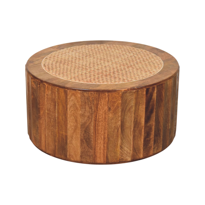 Comporta Woven Coffee Table in Amber with Natural Rattan, three-quarter view showing the full profile.