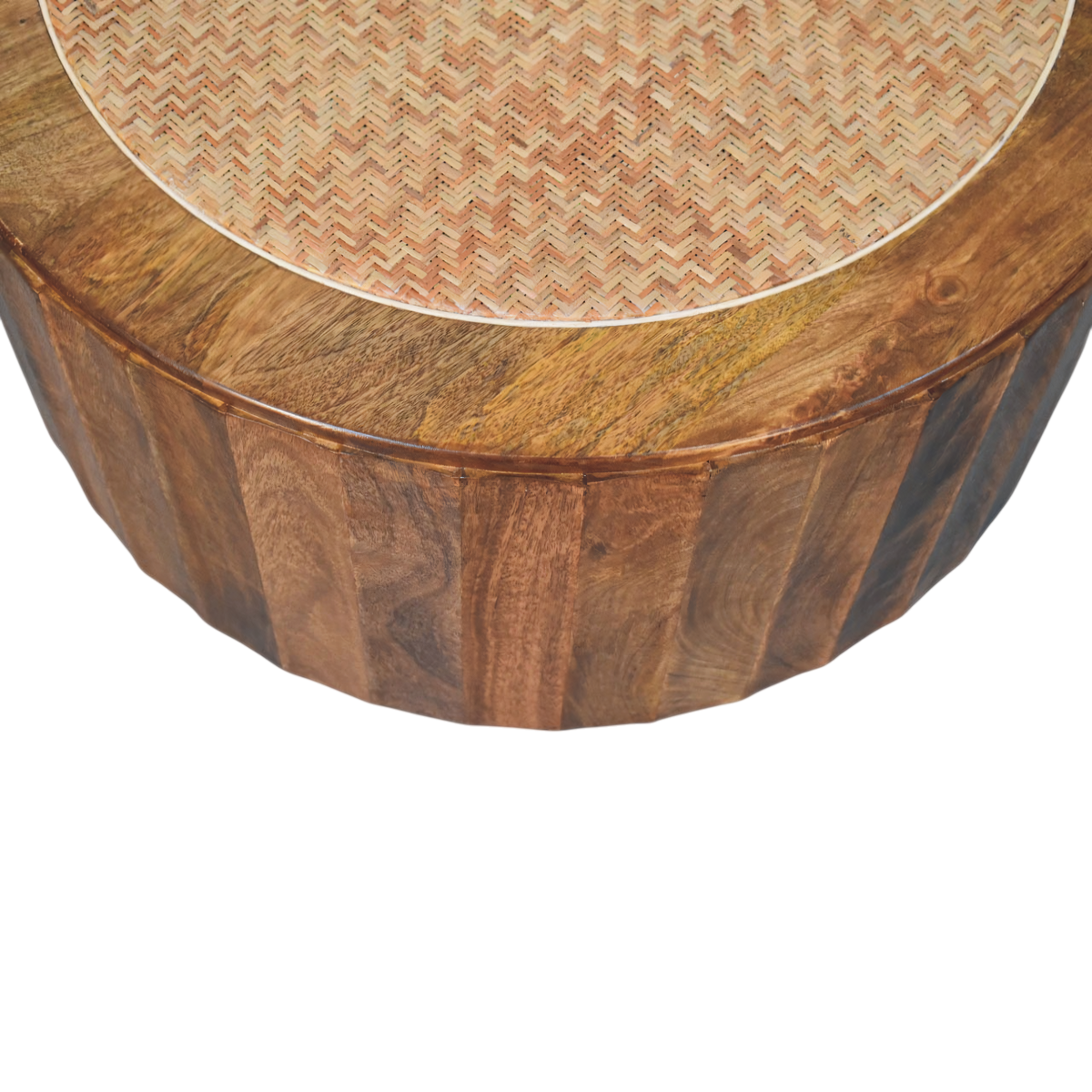 Close view of the weave on the Comporta Woven Coffee Table in Amber with Natural Rattan.