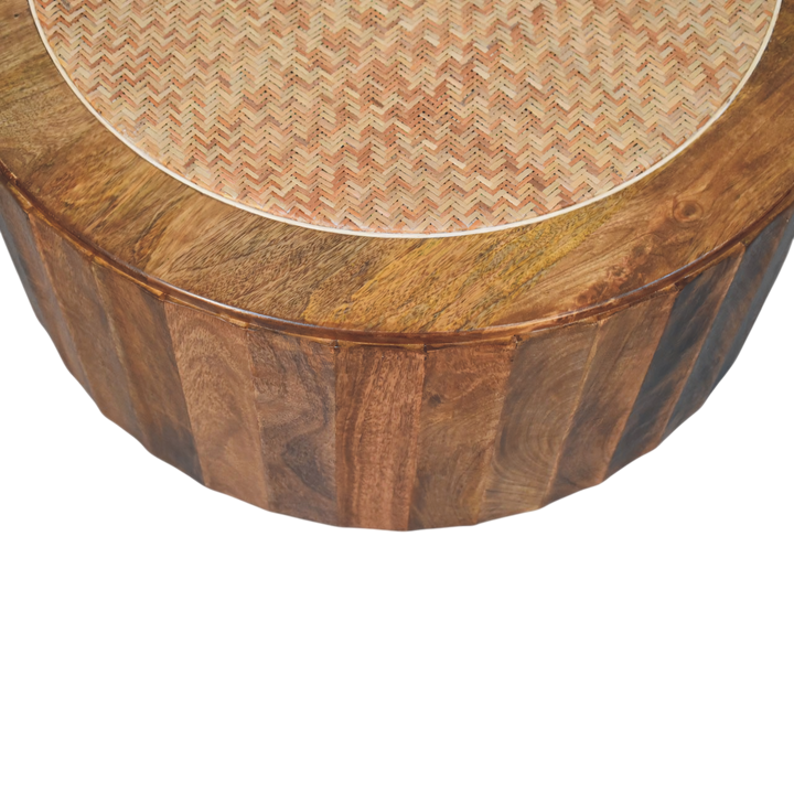 Close view of the weave on the Comporta Woven Coffee Table in Amber with Natural Rattan.