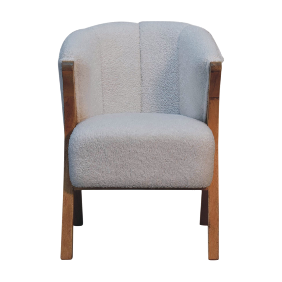 Delano Bouclé Lounge Chair in Chestnut and Alabaster Bouclé, front view. Boucle on an angled hardwood frame.
