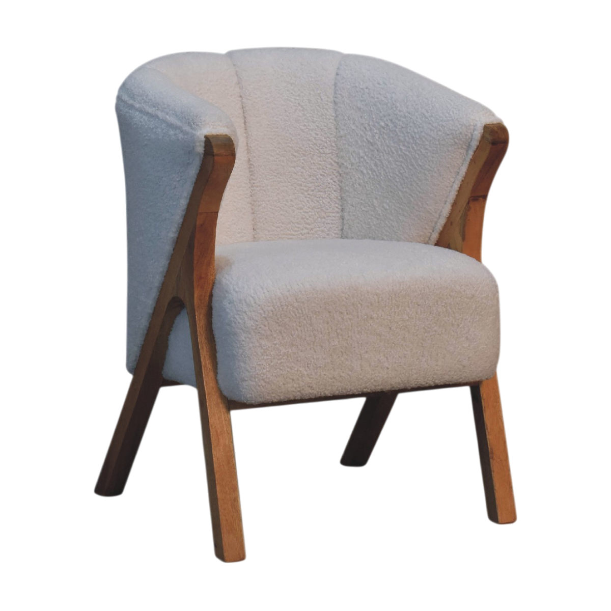 Delano Bouclé Lounge Chair in Chestnut and Alabaster Bouclé, three-quarter view showing the full profile.