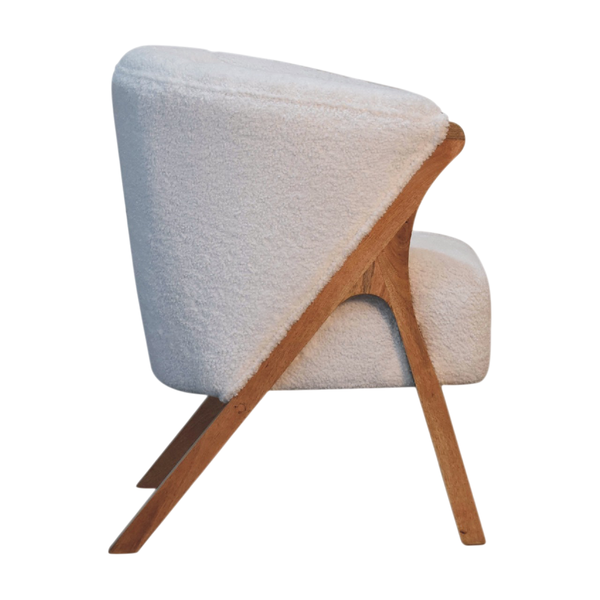Delano Bouclé Lounge Chair in Chestnut and Alabaster Bouclé, side view showing the depth.