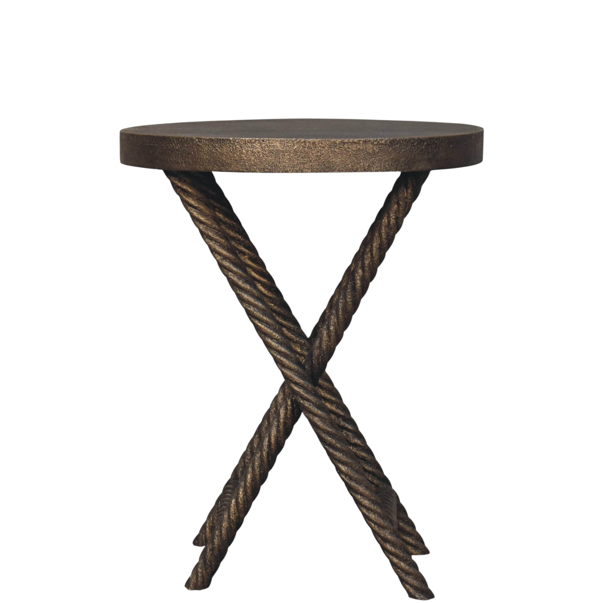 Delano Rope Side Table in Charcoal, front view. 100% solid hardwood in a dark metallic charcoal finish, carved rope-twist legs.