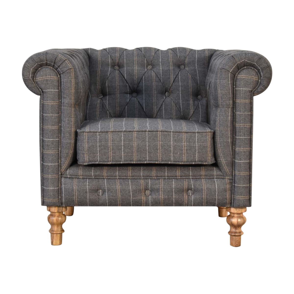 Fitzroy Chesterfield Armchair in Dove Tweed, front view. Dove tweed in wool over a 100% solid hardwood frame, rolled Chesterfield arms, deep buttoning, piped seams.
