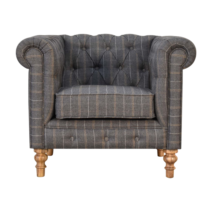 Fitzroy Chesterfield Armchair in Dove Tweed, front view. Dove tweed in wool over a 100% solid hardwood frame, rolled Chesterfield arms, deep buttoning, piped seams.