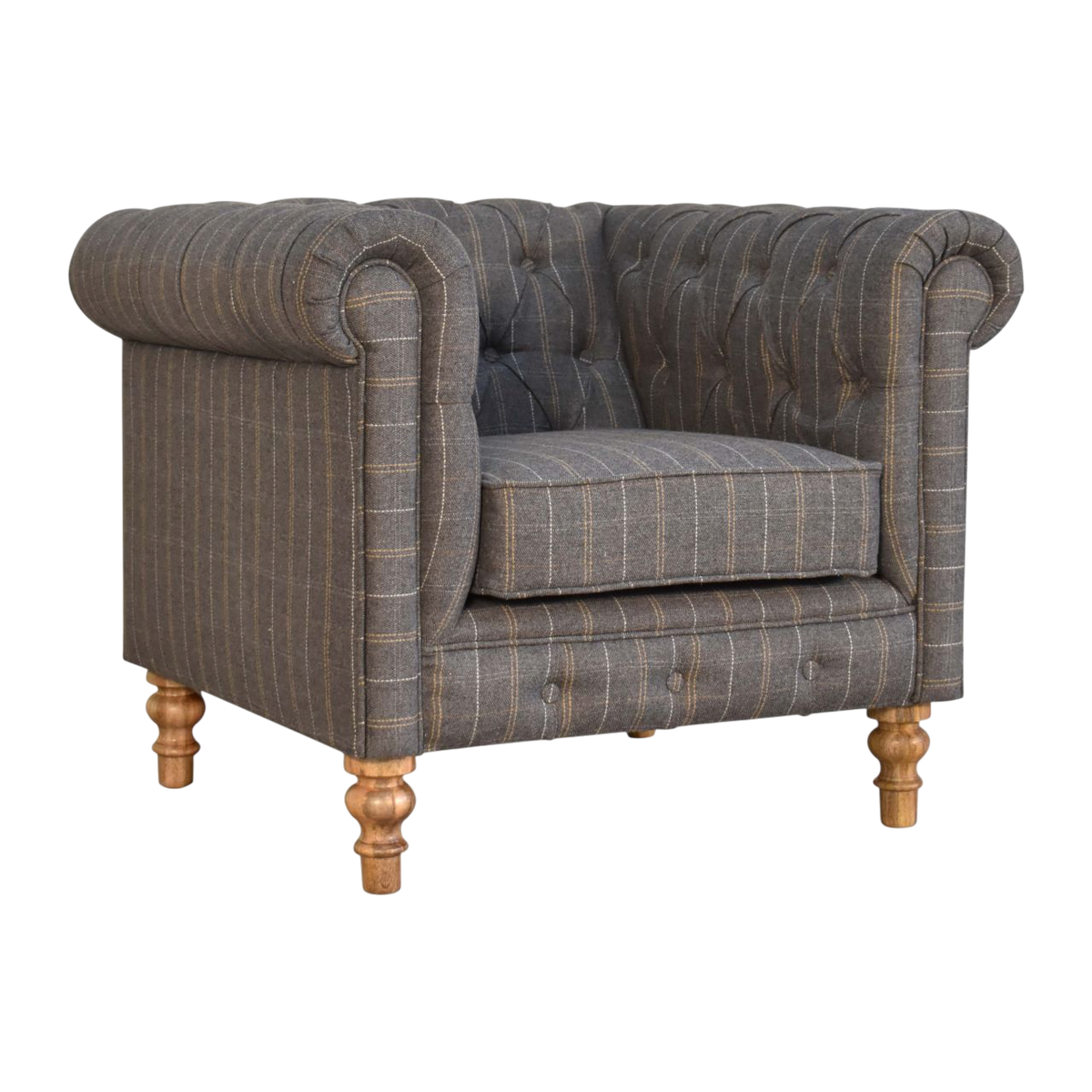 Fitzroy Chesterfield Armchair in Dove Tweed, three-quarter view showing the full profile.