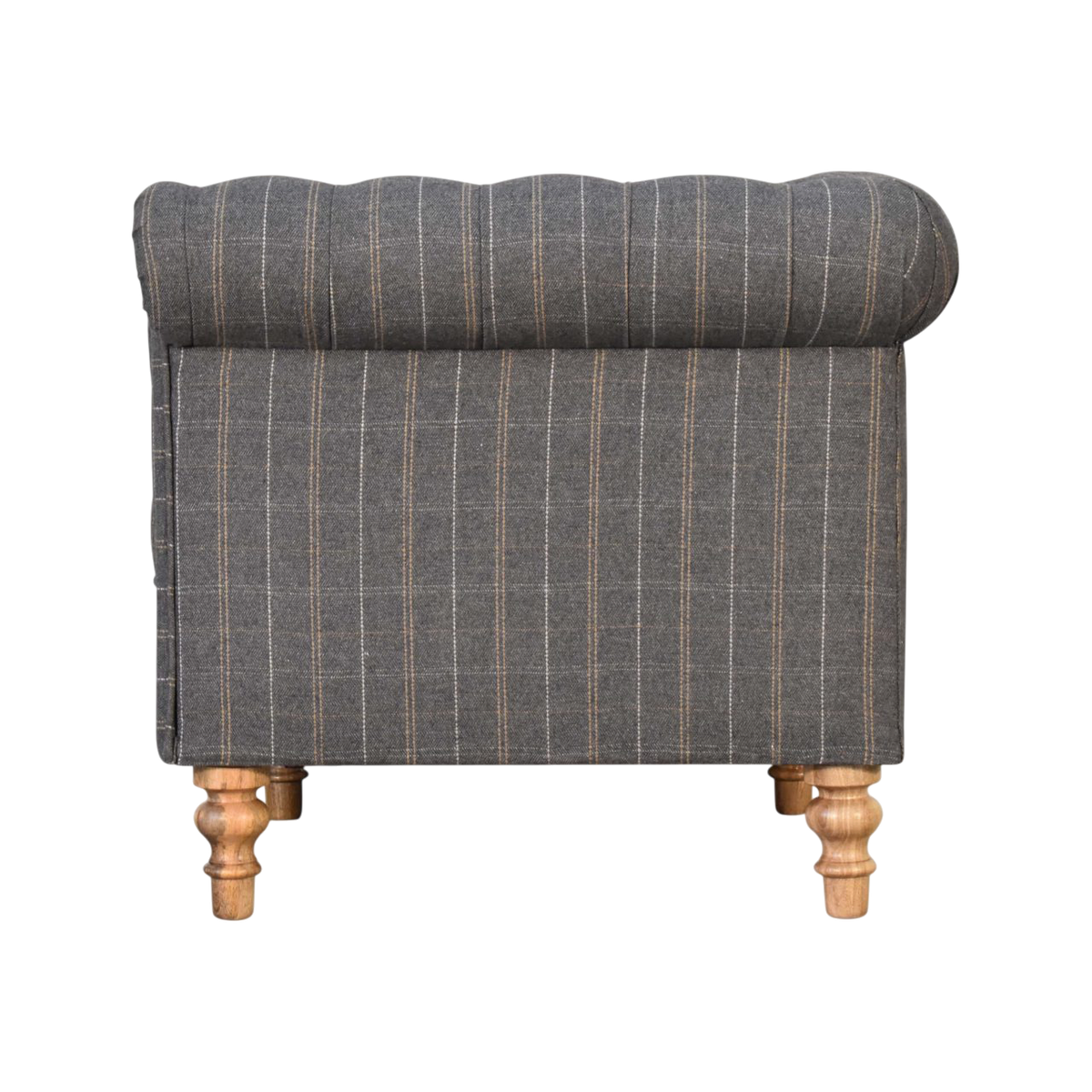 Fitzroy Chesterfield Armchair in Dove Tweed, side view showing the depth.