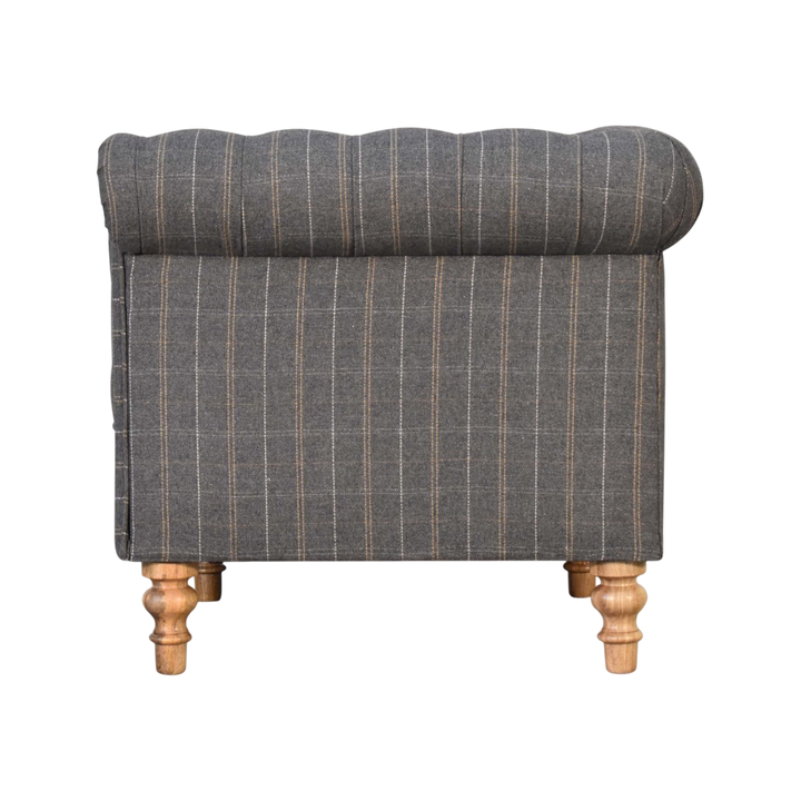 Fitzroy Chesterfield Armchair in Dove Tweed, side view showing the depth.
