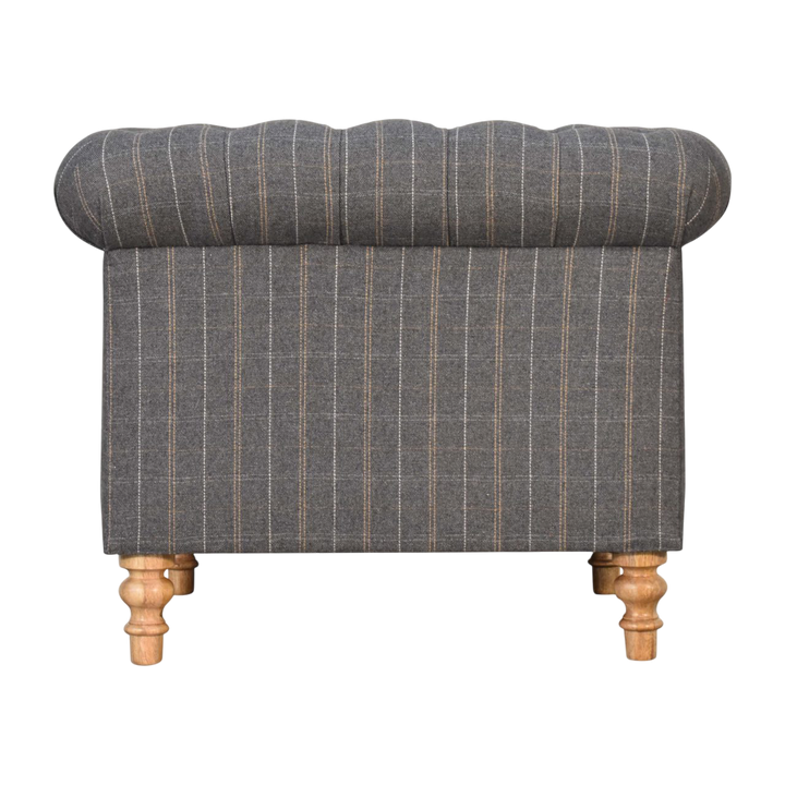 Fitzroy Chesterfield Armchair in Dove Tweed, rear view.