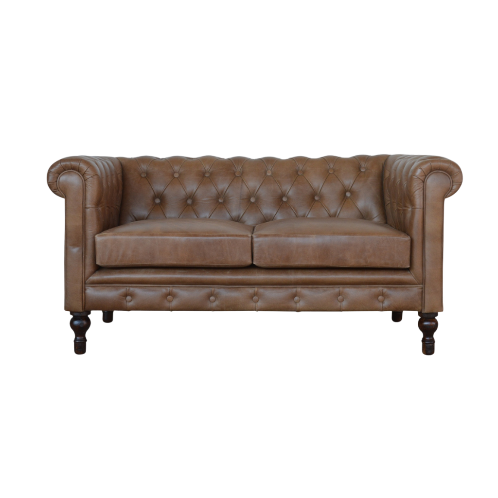 Fitzroy Chesterfield Loveseat in Tobacco Leather, front view. Deep-buttoned leather with rolled arms.