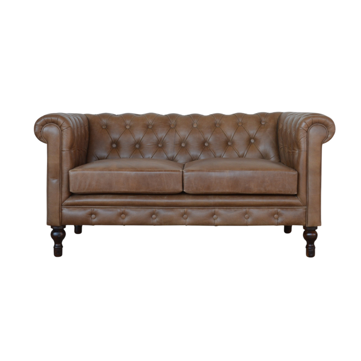 Fitzroy Chesterfield Loveseat in Tobacco Leather, front view. Deep-buttoned leather with rolled arms.