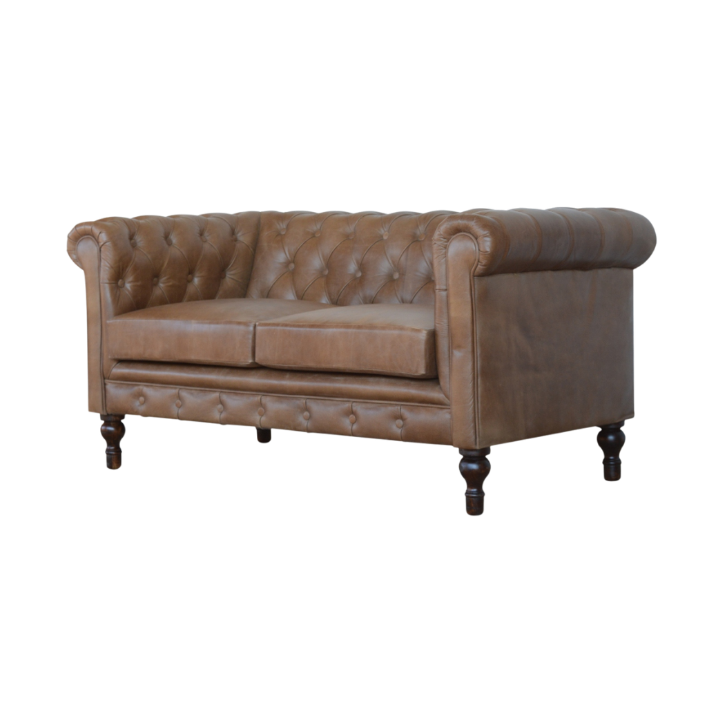Fitzroy Chesterfield Loveseat in Tobacco Leather, three-quarter view showing the arm roll and seat depth.